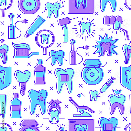 Stomatology seamless pattern in colored line style