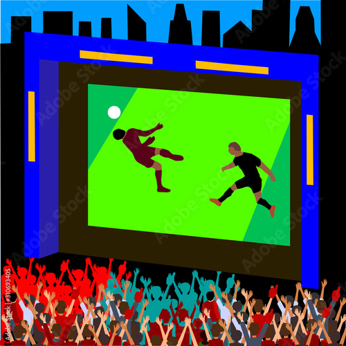 Football  fans in the fan zone watch the game on the big screen. Vector