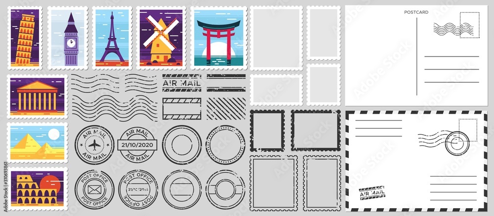 Postage stamps. Air mail envelope, post office stamp and postal stamps  vector set. Cachets and postmarks with different landmarks illustrations.  Blank postcard and letter templates with copyspace Stock Vector