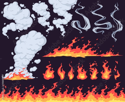 Cartoon fire and smoke. Bright fire flame, red fiery flames and smoke clouds effect vector set. Dangerous wildfire, natural phenomenon isolated on dark background. Bright blaze with smoky fumes