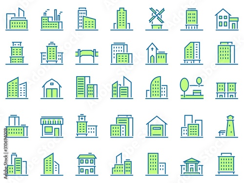 Color line building icons. Green town icon, city buildings and real estate symbols vector set. Urban architecture. Residential and municipal buildings linear pictograms pack. Logotype design elements