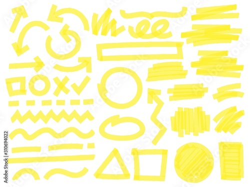 Highlight marker strokes. Yellow checkmark marks, text highlighter lines and highlights marking vector set. Bright arrows, geometric shapes, lines and random scratches isolated on white background photo