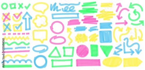 Color highlight marker strokes. Colorful markers cross and tick mark, doodle highlights arrows and marker stroke frames vector set. Multicolor symbols, arrows, speech clouds and geometric shapes