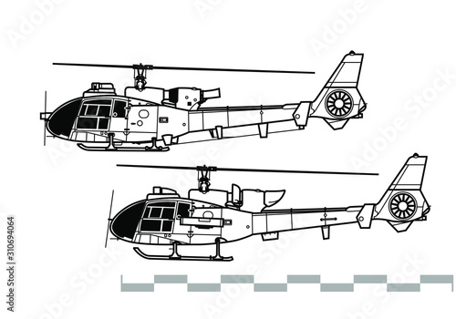 Aerospatiale Gazelle, SA 340, 341, 342. Outline vector drawing