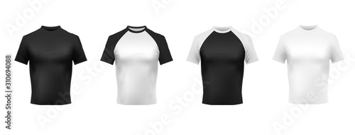 Black and white t-shirt mockup. Black polo, men shirt front view and shirts realistic template 3D vector set. Casual male clothing with short sleeves. Fashionable apparel, stylish garments photo