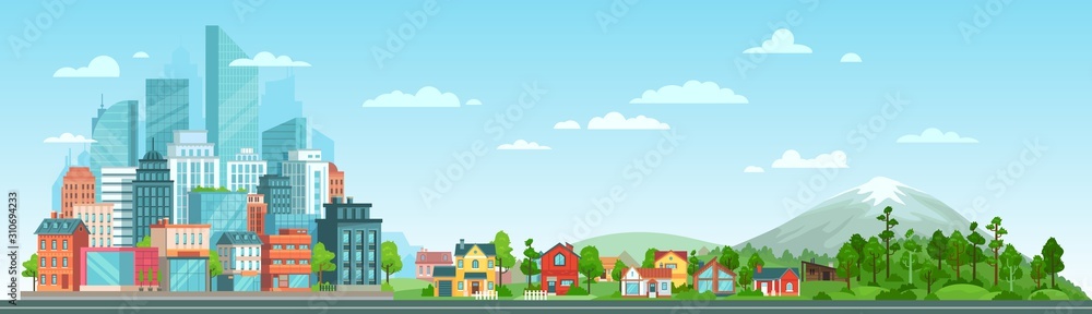 Urban and nature landscape. Modern city buildings, suburban houses and wild forest vector illustration. Contemporary metropolis with skyscrapers, suburbs with cottages and woods panorama