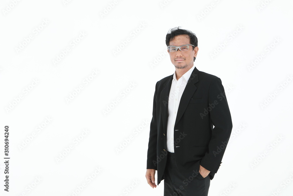 the asian businessman lawyer formal suit standing expression of hand and phone on isolated white background with copy space the asian businessman lawyer formal suit standing expression of hand and phone on isolated white background with copy space