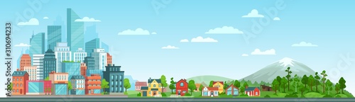 Fototapeta Urban and nature landscape. Modern city buildings, suburban houses and wild forest vector illustration. Contemporary metropolis with skyscrapers, suburbs with cottages and woods panorama