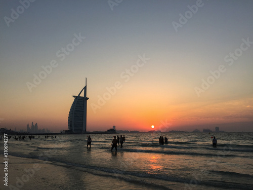 Canvas Print Burj Al Arab Hotel with the beach at sunset