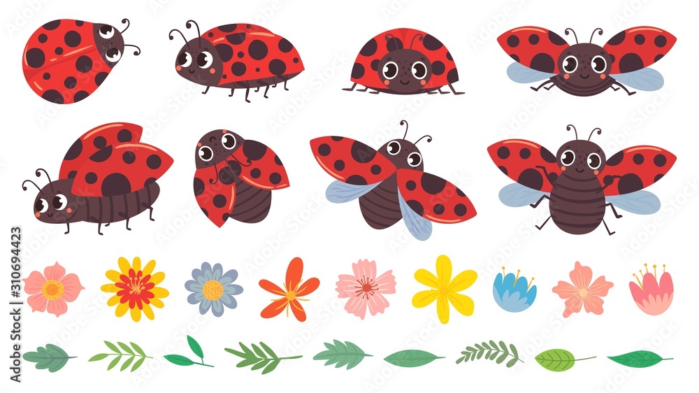 Cartoon ladybug. Cute ladybugs with flowers and leaves, red bug and insects  vector illustration set. Funny lady bugs, flower buds and foliage pack.  Dotted flying beetle stickers collection Stock Vector | Adobe