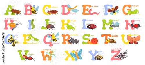 Cartoon insects alphabet. Funny bug letters, comic insect abc for kids and cute bugs vector illustration set. Educational english alphabet with colorful cartoon characters. Elementary school education