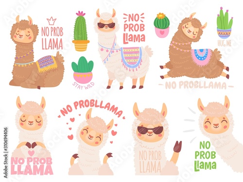 No prob llama. Cool llamas have no problems, wildlife animals no problem quote illustration vector set. Funny lama stickers with positive quotes. Adorable mammals optimistic lifestyle sayings pack