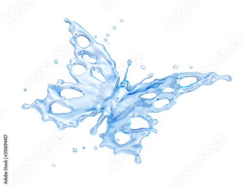 Fresh pure blue water splash. Clean transparent water  liquid fluid wave in translucent butterfly form isolated on white background. Healthy drink fluid 3D splash advertising key visual design element