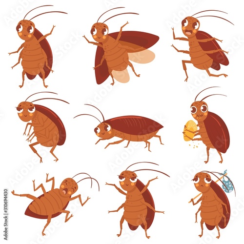 Cartoon cockroach mascot. Angry cockroaches, insect pests and bugs control characters vector illustration set. Funny brown beetles collection. Different adorable parasites, wildlife stickers pack