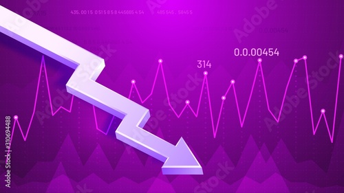 Dropping graphic arrow. Profit reduction schedule, financial debt graph and income loss 3D arrow vector illustration. Business downturn, company income decline. Decreasing stock market trend forecast