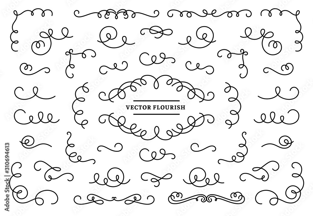 Line flourish ornament swirls. Vintage swirl lines, ornamental