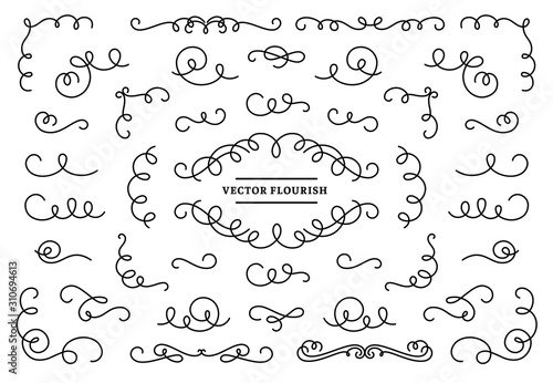 Line flourish ornament swirls. Vintage swirl lines, ornamental flourishes devider and retro frame corner vector set. Linear border design elements collection. Ornate curves isolated on white