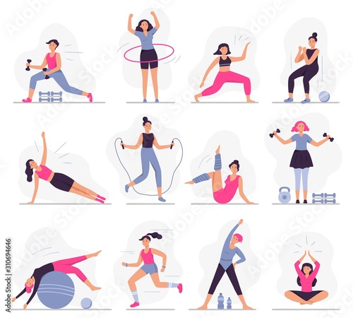 Woman sport activities. Beautiful young woman do fitness activities  female character run and yoga exercises vector illustration set. Sportive ladies working out. Healthy lifestyle  active workout