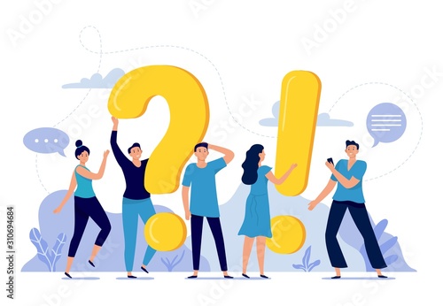 People ask frequently asked questions. FAQ, person asking question, mens and womens questions and answers vector illustration. Internet communication platform concept. Online forum users