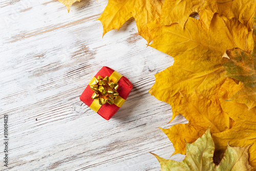 Bright autumn composition with gift box