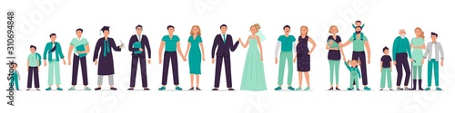 Different ages man with family. Mans life stages, person growth from kid, young boy, teenager, student to adult and old man. Male character vector illustration set. Boy growing up and starting family