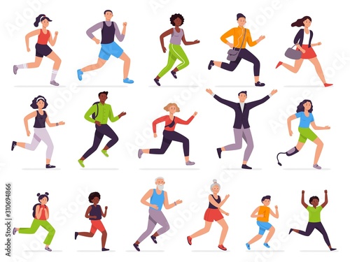 People run. Running person, fast girl and sprinting boy. Jogging kids, man and woman. Runners characters vector illustration set. Athletes training, children late for school. Healthy lifestyle, haste