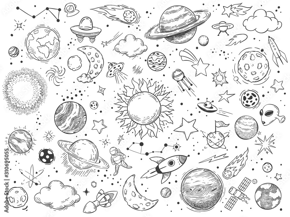 Premium Vector  Set of hand drawn cosmic elements in sketch style