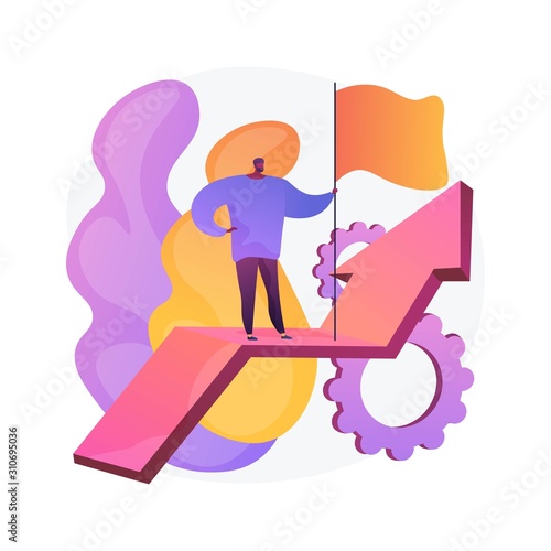 New achievement. Business development. Successful businessman, confident entrepreneur, winner with flag. Man standing on rising arrow. Vector isolated concept metaphor illustration