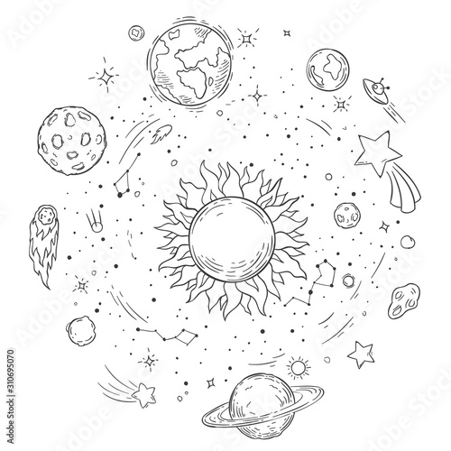 Doodle solar system. Hand drawn sun, cosmic comet and planet earth vector illustration. Outer space outline coloring book drawing. Celestial bodies spinning around star. Astronomy concept