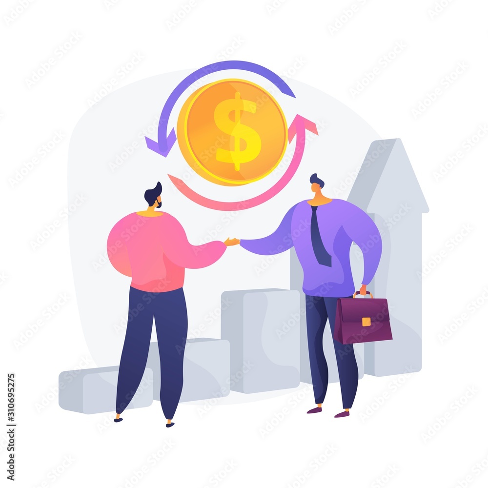 Obraz premium B2b strategy. Commercial transaction. Partner agreement, partnership arrangement, successful collaboration. Businessmen shaking hands cartoon characters. Vector isolated concept metaphor illustration