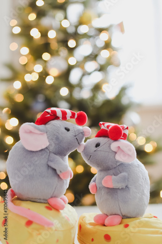 Little mouse toy, symbol of 2020. new year decoration. New Year 2020 Symbol. Greeting Christmas card. Selective focus.