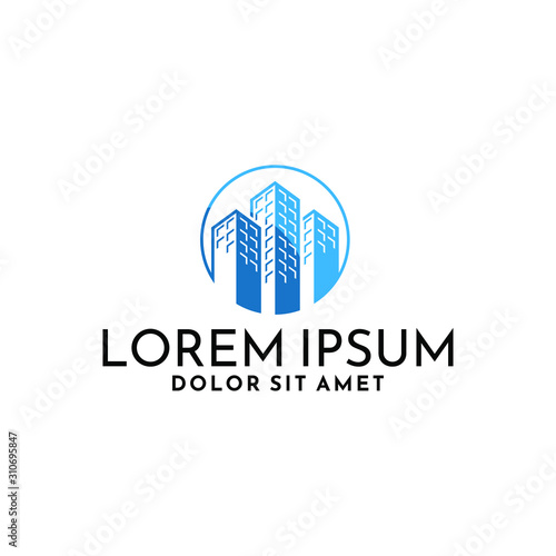 Real estate and apartment company logo template with high rise building symbol in flat design pictogram illustration