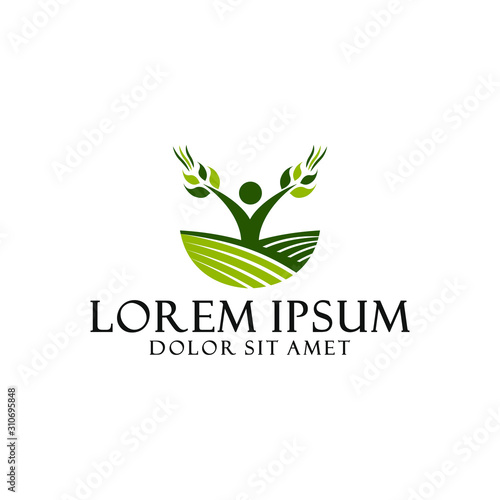 Agro business logo template with farm field and wealth human simplicity in flat design illustration