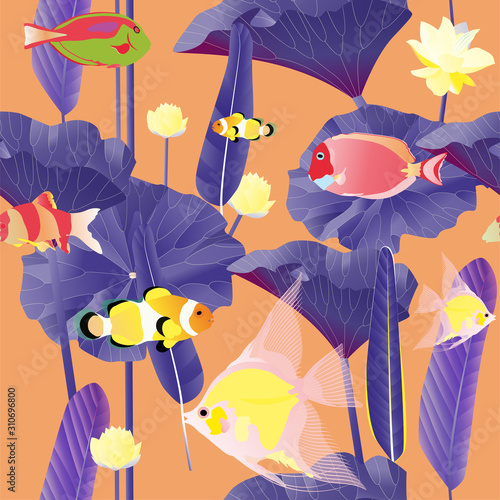 Different exotic tropical fish, algae, palm tree leaves and inflorescence of water lily. Vector illustration. Delicate blue background. Endless pattern.
