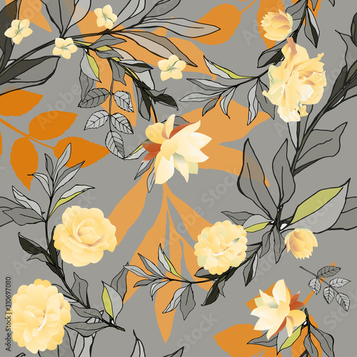 Seamless pattern with orange roses and lilys with leaves on a grey background. Tropical flowers, lily. Vector illustration with plants. Gentle pastel colors. EPS 10