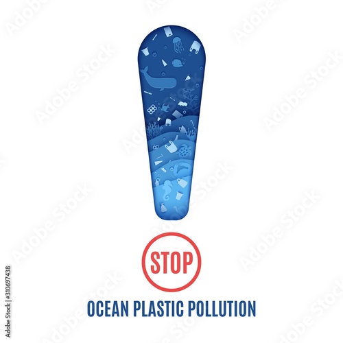 Stop ocean plastic pollution banner design template in paper cut style. Papercut 3d exclamation mark inside which sea inhabitants plastic garbage on white background. Vector World Oceans Day concept