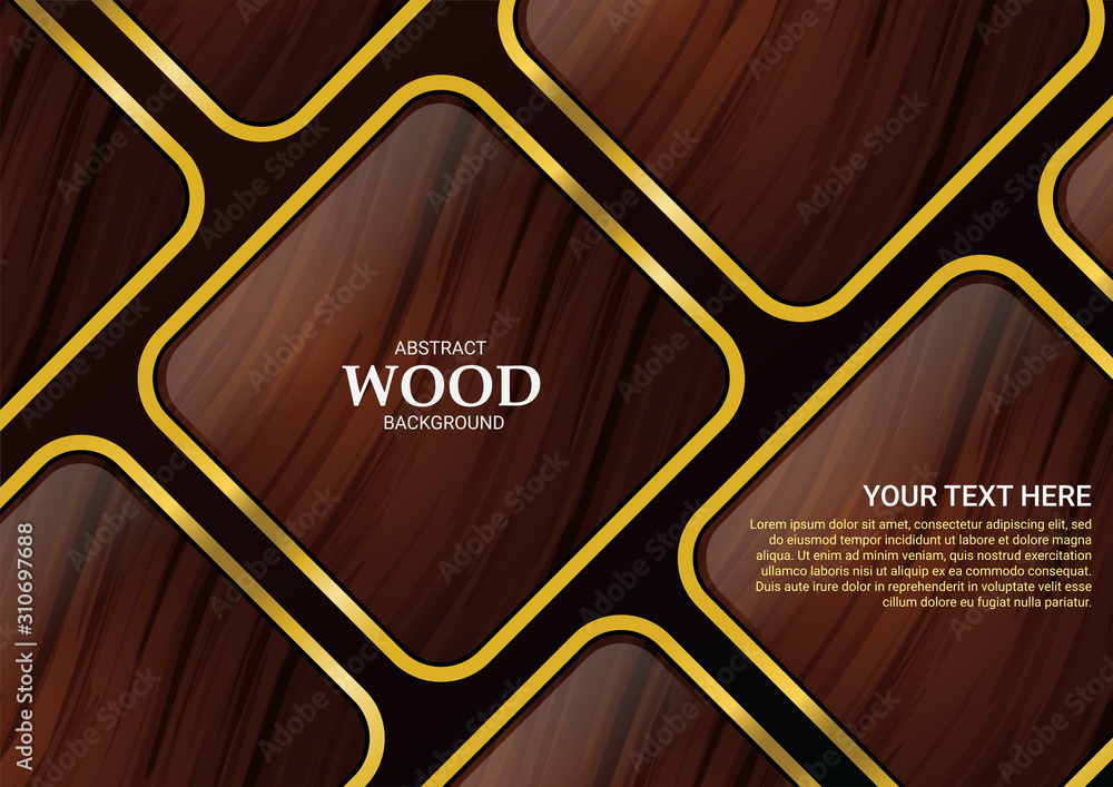 Abstract modern wooden squares pattern with golden edge. Vector illustration.	