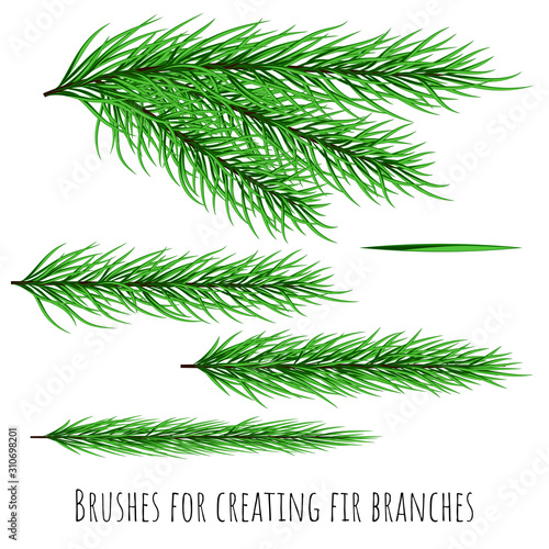 Use pattern brushes for creating your own fir tree branches. Design elements for new year christmas cards. Vector illustration isolated on white background.