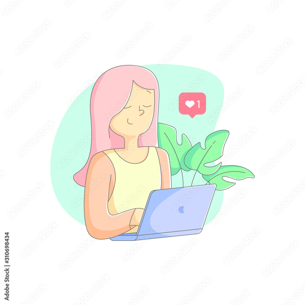 Cute girl is working on laptop with a happy face and floral beside her Cute girl is working on laptop with a happy face and floral beside her