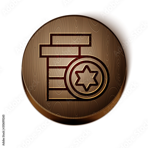 Brown line Jewish coin icon isolated on white background. Currency symbol. Wooden circle button. Vector Illustration