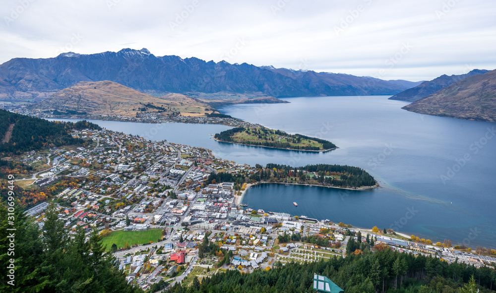 Panoramic view of Queenstown in autumn, South Island, New Zealand
