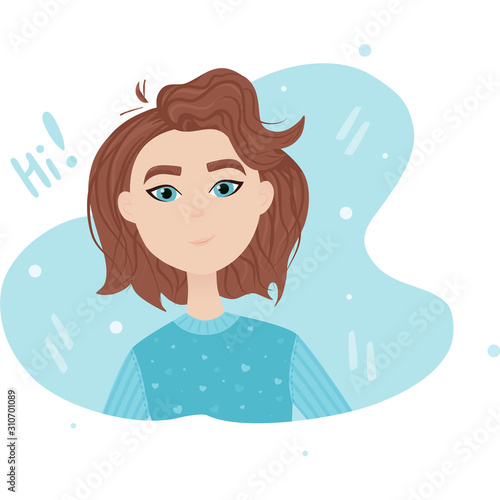 Cute girl greeting. Flat vector illustration. Pretty girl