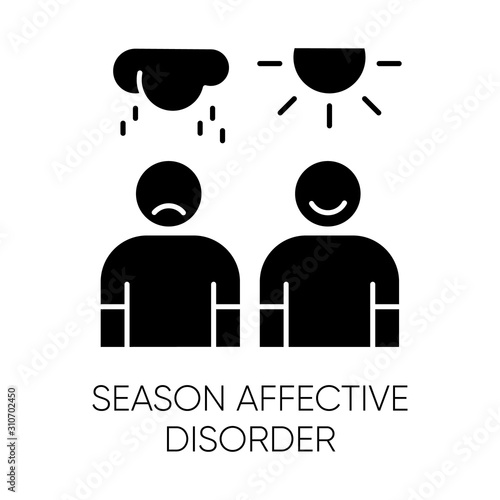 Seasonal affective disorder glyph icon. Mood swing. Emotional change. Manic and depressive episodes. Anxiety. Mental health. Silhouette symbol. Negative space. Vector isolated illustration
