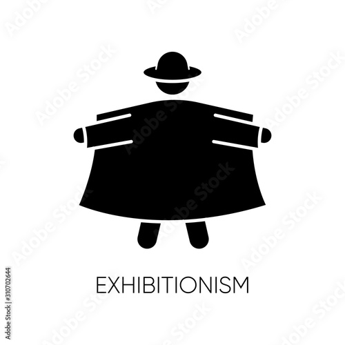 Exhibitionism glyph icon. Pervert in open coat. Deviation and perversion. Inappropriate erotic behaviour. Paraphilia. Mental disorder. Silhouette symbol. Negative space. Vector isolated illustration