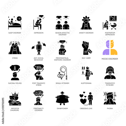 Mental disorder glyph icons set. Depression and anxiety. Self-harm, suicidal feeling. Postpartum stress. Phobia. PTSD, PMS. Psychiatric issues. Silhouette symbols. Vector isolated illustration
