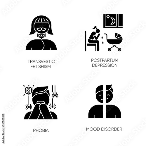 Mental disorder glyph icons set. Transvestic fetishism. Postpartum depression. Phobia. Panic attack. Mood disorder. Perversion. Woman crying. Silhouette symbols. Vector isolated illustration