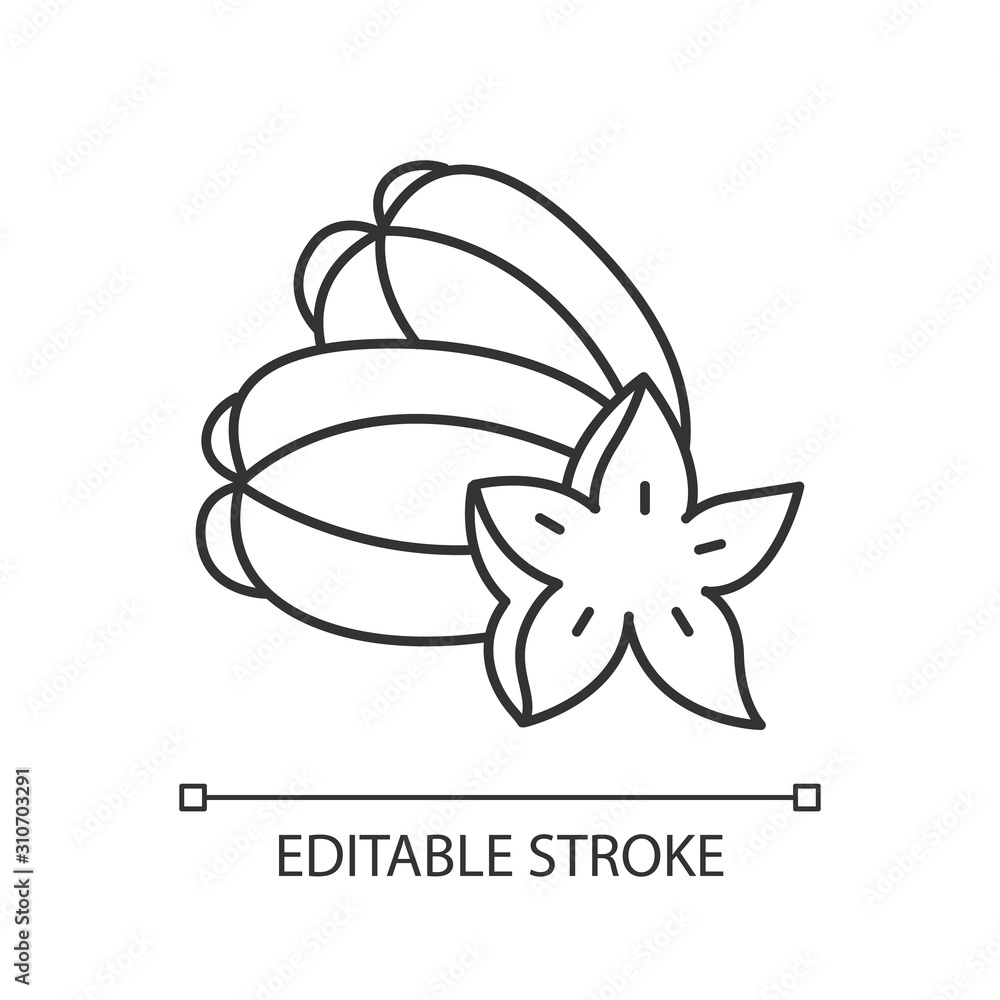 Star fruit linear icon. Carambola piece. Exploring local food specialties. Trip to Indonesia. Asian star apple. Thin line illustration. Contour symbol. Vector isolated outline drawing. Editable stroke