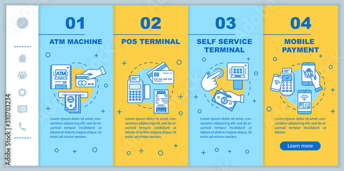 Payment onboarding mobile web pages vector template. ATM machine. POS terminal. Responsive smartphone website interface idea with linear illustrations. Webpage walkthrough step screens. Color concept