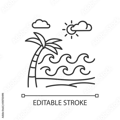 Waves on sandy beach linear icon. Seaside with palm. Trip to Indonesian islands. Sunny sea coast in Bali. Thin line illustration. Contour symbol. Vector isolated outline drawing. Editable stroke