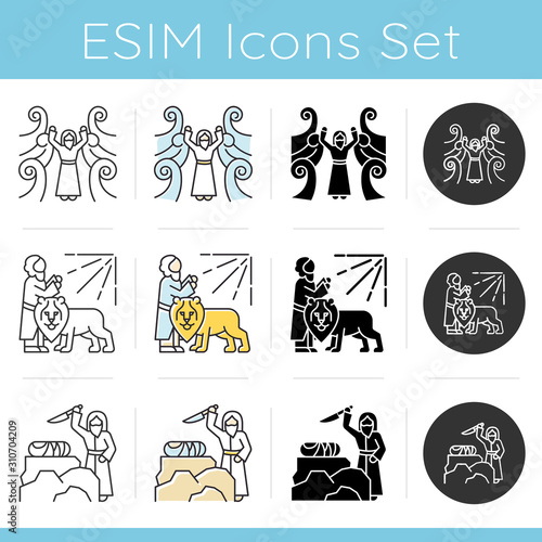 Bible narratives icons set. Crossing the Red sea myth. Religious legends. Christian religion, holy book scenes plot. Biblical stories. Linear, black and color styles. Isolated vector illustrations